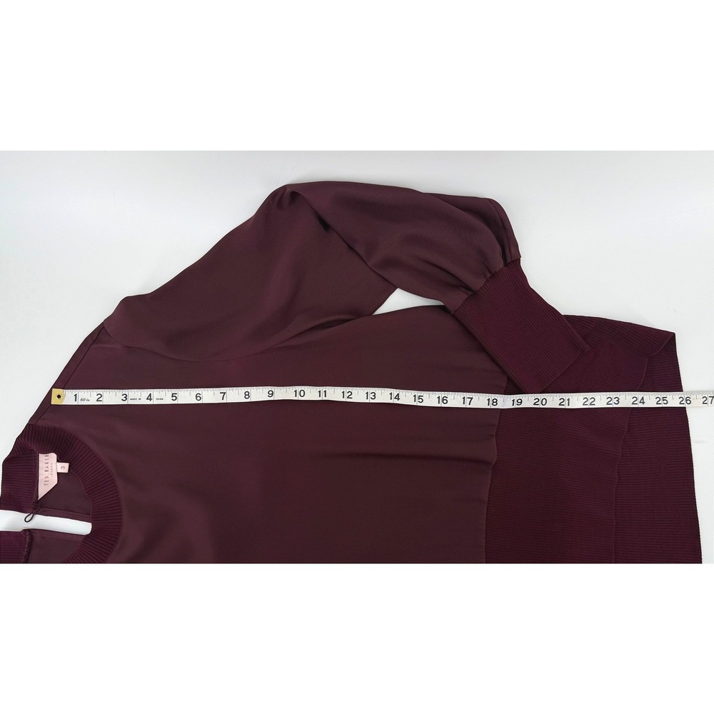 Ted Baker Wyonia Burgundy Mock Neck Ribbed Knit Trim Blouse Womens Size 3 Office - Picture 4 of 8